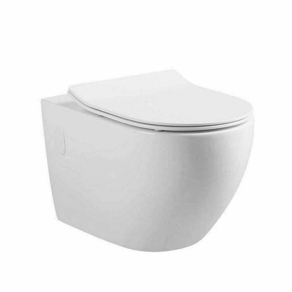 RIMLESS FLUSHING WALL hung TOILET pan soft close seat colored s/s metal buttons