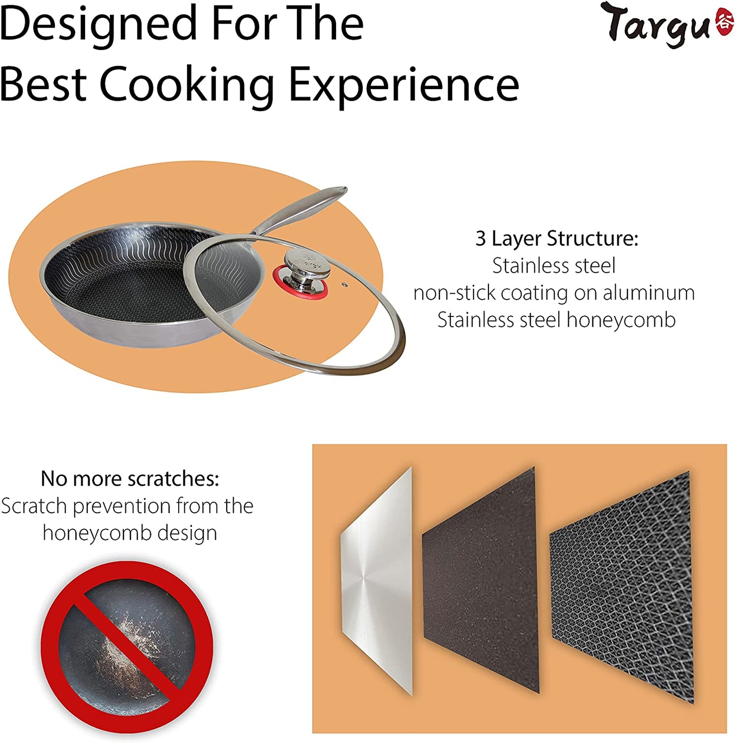 Targu Tri-ply Non-Stick Stir Fry Pan with Tempered Glass Lid Anti-Scratch Induction, Gas, Ceramic, Electric Stoves Ready ,100% PFOA/PFOS Free, Oven and Dishwasher Safe