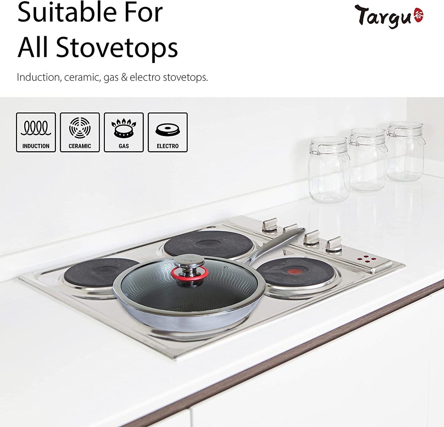 Targu Tri-ply Non-Stick Stir Fry Pan with Tempered Glass Lid Anti-Scratch Induction, Gas, Ceramic, Electric Stoves Ready ,100% PFOA/PFOS Free, Oven and Dishwasher Safe